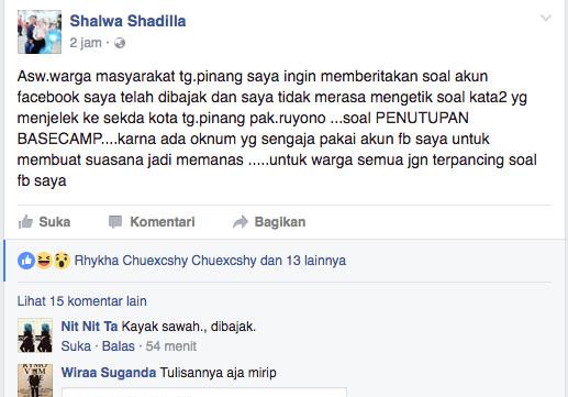 Akun Facebook Shalwa Shadilla Mendadak Hapus Status soal Sekda Riono