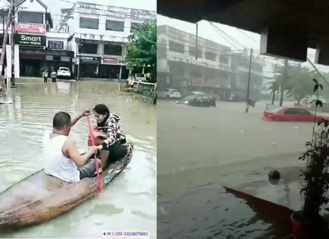 Tanjungpinang Banjir, Warga Terpaksa Dayung Sampan di Jalan