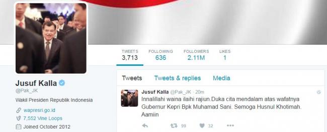 Gubernur Kepri Meninggal, Jusuf Kalla Ucapkan Bela Sungkawa
