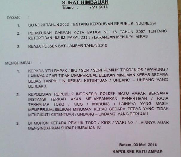 Kapolsek Batuampar Minta Pedagang Tidak Jual Mikol Secara Bebas