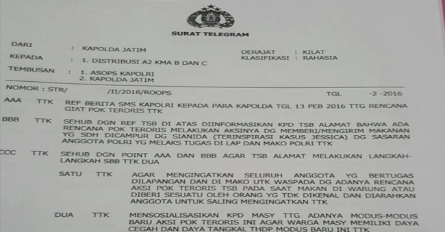 Teroris Incar Polisi dengan Sianida Terinspirasi Kasus Jessica, Ini Suratnya 