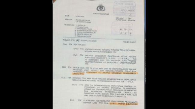 Beredar Surat Telegram Polri Berisi FPI Dilarang Beraktivitas