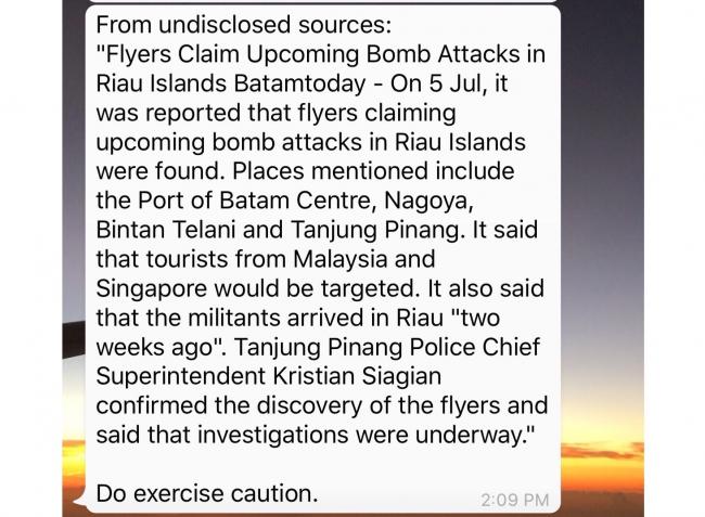 Singapura Bantah Keluarkan Peringatan Serangan Bom di Kepulauan Riau