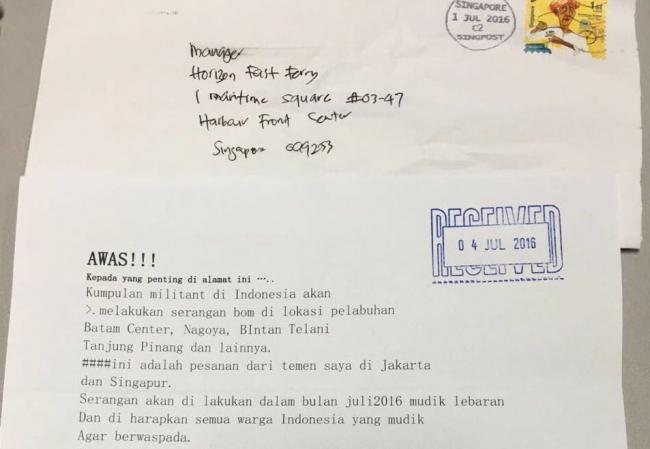 Surat Teror Bom untuk Kepri Berstempel Pos Singapura, ini Penampakan Penggalannya