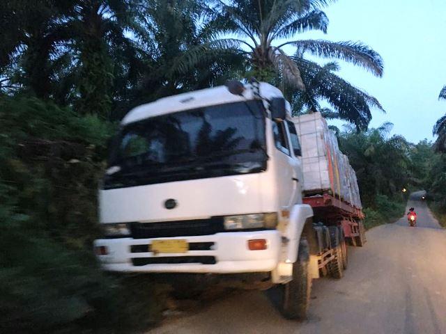 Terperosok di Parit, Truk Trailer Lima Hari Terparkir di Pinggir Jalan Bintan Timur
