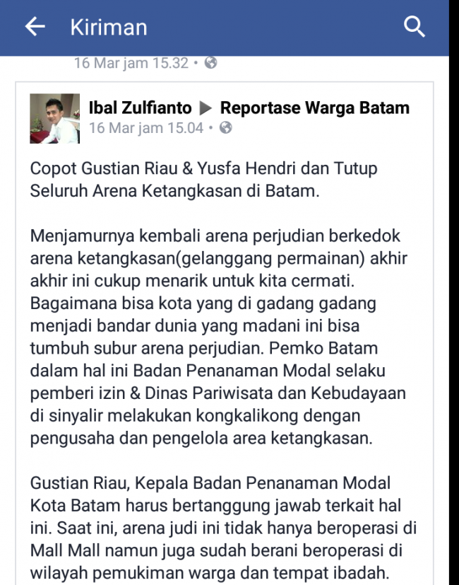 Warga Batam Kian Resah Judi Gelper, Minta Walikota Copot Gustian Riau