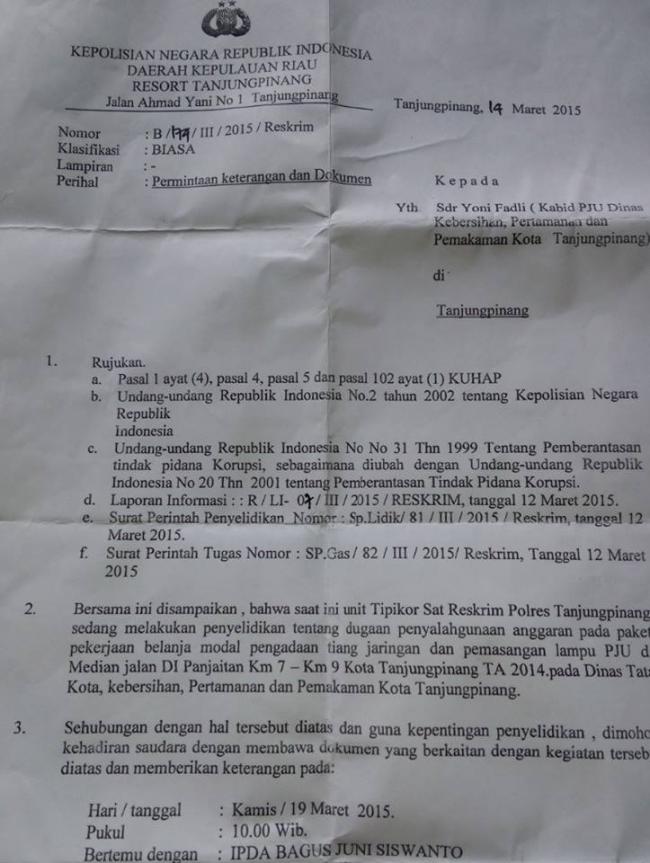 Heboh! Dokumen Polisi Panggil Kabid Yoni Fadli Beredar di Facebook. Kasus Dugaan Korupsi 