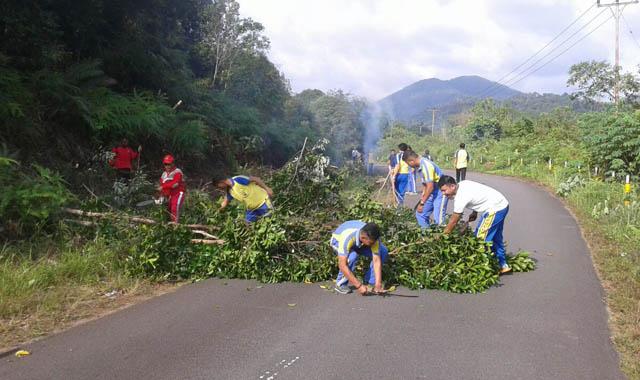 Polres Lingga Gotong-royong Bersihkan Semak Belukar di Jalan