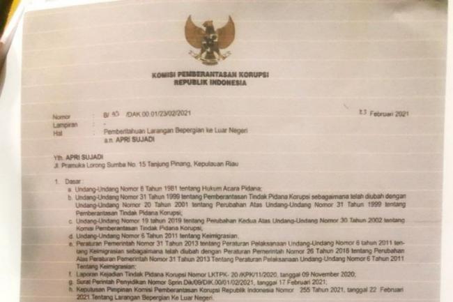 KPK Cekal Bupati Bintan Apri Sujadi Keluar Negeri