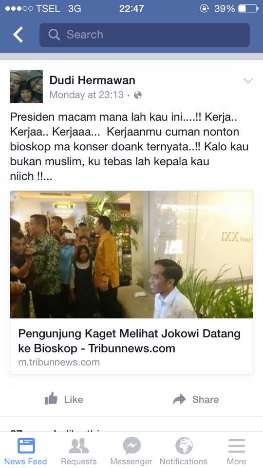 Status Facebookmu ya Harimaumu! Ancam Penggal Jokowi, Hater Jokowi Tutup Semua Akun Medsos