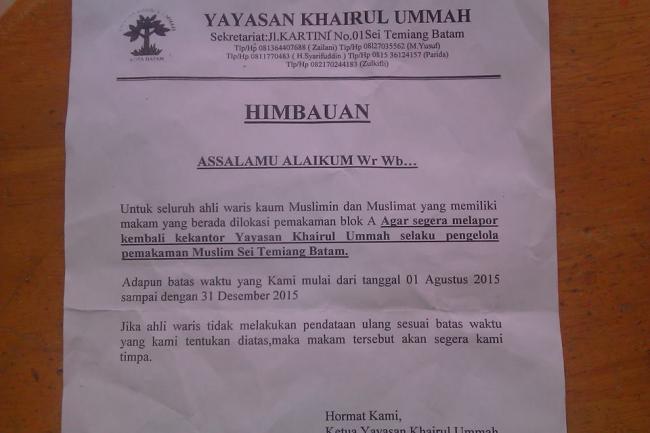 Maklumat Pengelola Kubur di Batam: Kuburan Tak Berpemilik Akan Ditimpa