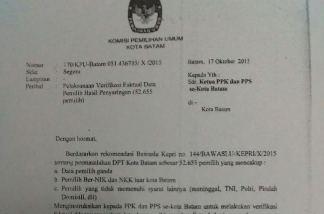 Ini Isi Surat Ketua KPU Batam soal Pendataan Ulang 52.655 DPT yang Dicoret