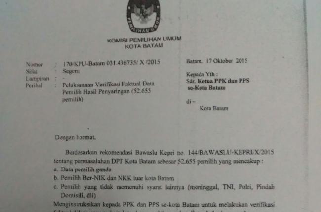 Ini Isi Surat Ketua KPU Batam soal Pendataan Ulang 52.655 DPT yang Dicoret