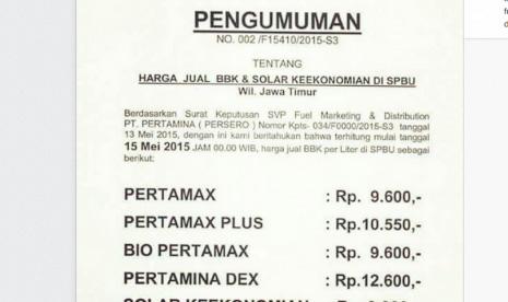 Beredar Selebaran, Pertamina Naikkan Harga BBM Malam Ini
