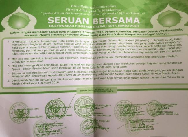 Umat Muslim Dilarang Rayakan Tahun Baru di Aceh, Ini Alasannya