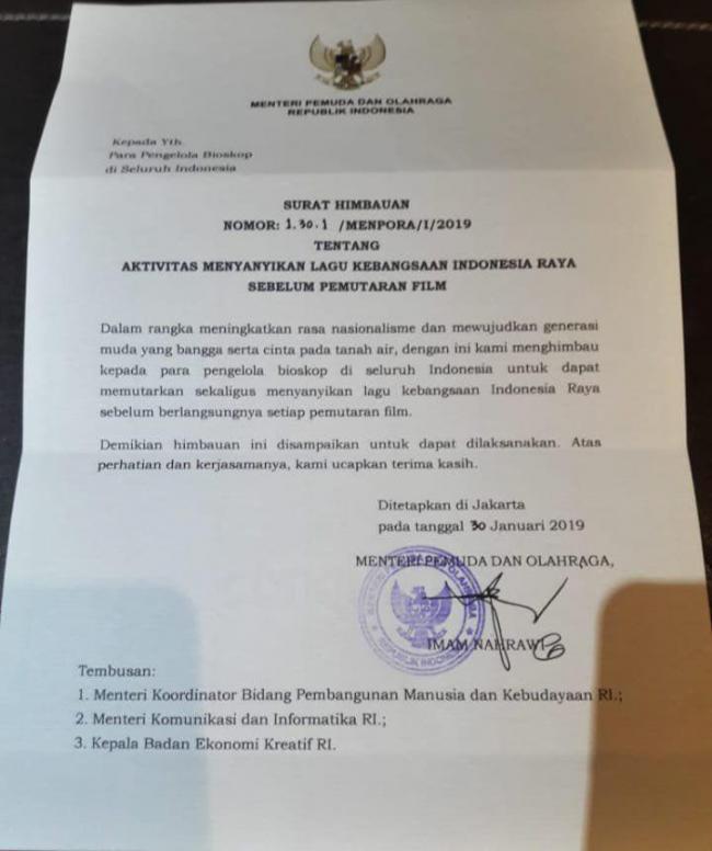 Menpora Cabut Imbauan Nyanyikan Indonesia Raya di Bioskop 