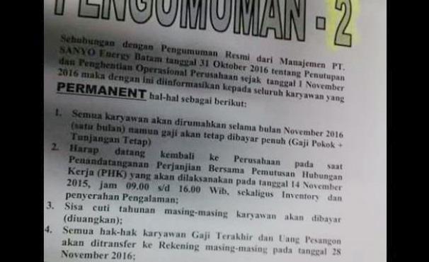 PT Sanyo Energy di Batamindo Resmi Tutup Hari Ini
