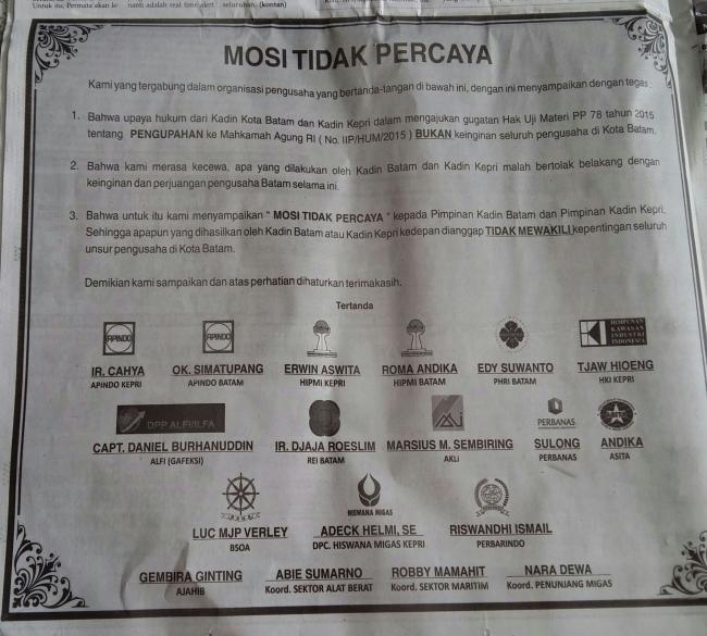 Ini Tanggapan Ketua Kadin Kepri Soal Mosi Tidak Percaya Organisasi Pengusaha