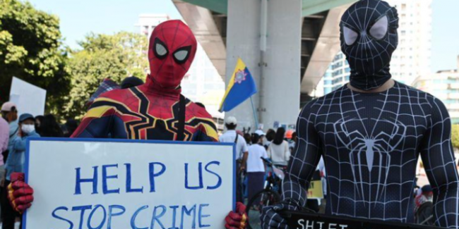 Spiderman Ikut Demo Anti-Kudeta di Myanmar