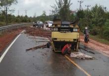 Truk Muatan Kayu Bulat Terguling di Lintas Barat Bintan