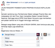 Grup Medsos Wajah Batam (WB) Gelar Jajak Pendapat Provinsi Khusus Batam, Ini Hasilnya