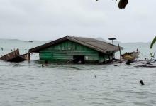 Sebuah Rumah Warga Mensanak di Lingga Ambruk Disapu Ombak Laut