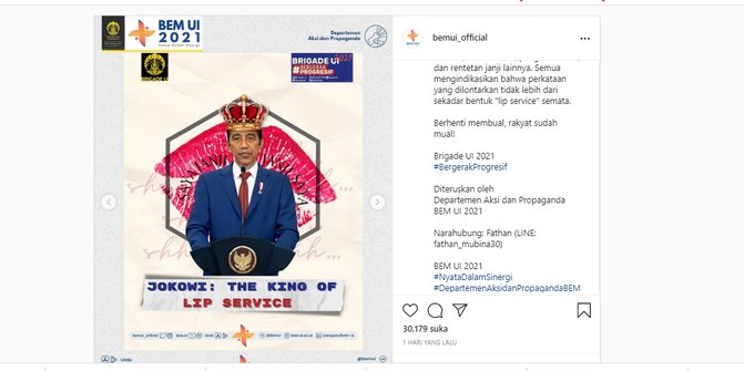 BEM UI Tolak Permintaan Rektorat Takedown Unggahan Jokowi King of Lip Service