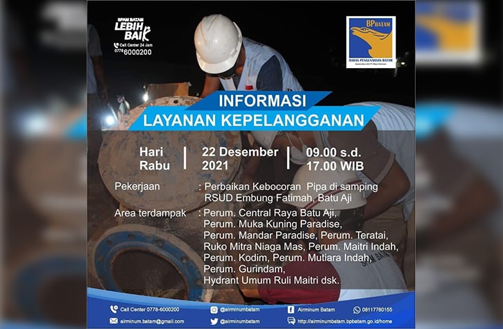 Besok, Suplai Air Bersih di Batuaji Terganggu, SPAM Batam: Ada Perbaikan Pipa