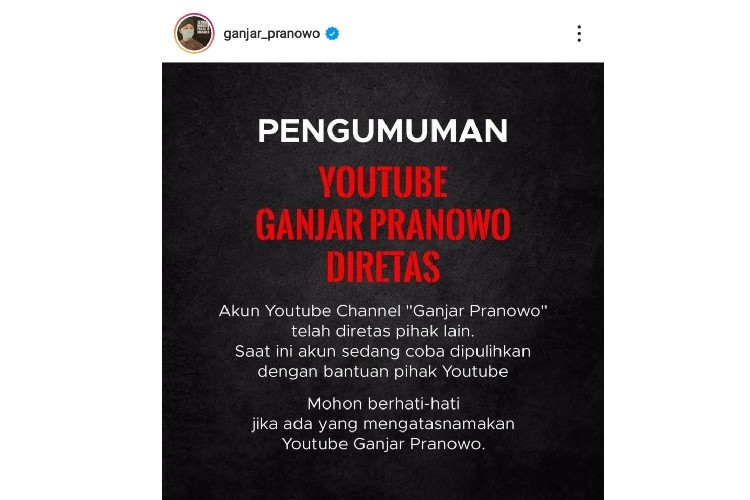 Channel YouTube Ganjar Pranowo Diretas