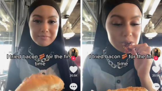 Duh, Wanita Berhijab Ini Pamer Makan Daging Babi