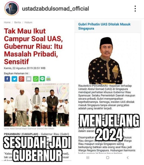 Ditolak Masuk Singapura, UAS Sindir Reaksi Gubernur Riau via Instagram