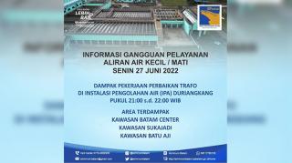 Gangguan Suplai Air Bersih di Batam Malam Ini, SPAM Batam: Ada Perbaikan Trafo