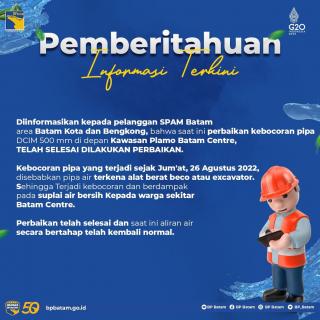 Perbaikan Pipa Selesai, Suplai Air Batam Centre Berangsur Normal