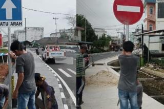 Dishub Lingga Pasang Rambu Lalu Lintas Berlakukan Jalur Satu Arah di Dabo Singkep
