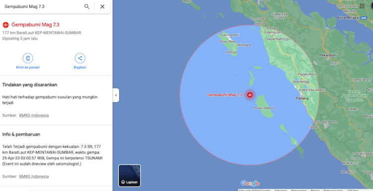 Gempa Magnitudo 7,3 Guncang Mentawai Sumbar, BMKG Beri Peringatan Dini Tsunami