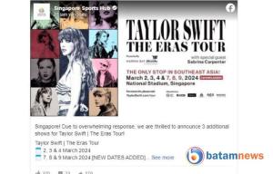 Tambah Jadwal Konser, Taylor Swift Akan Tampil di Singapura dengan Enam Pertunjukan Total di Tahun 2024
