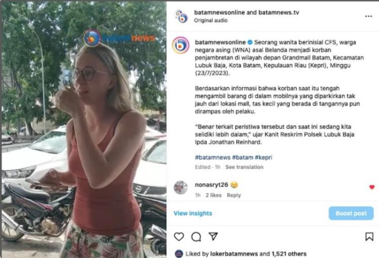 Polisi Buru Pelaku Penjambretan Bule Belanda di Depan Grand Mall Batam