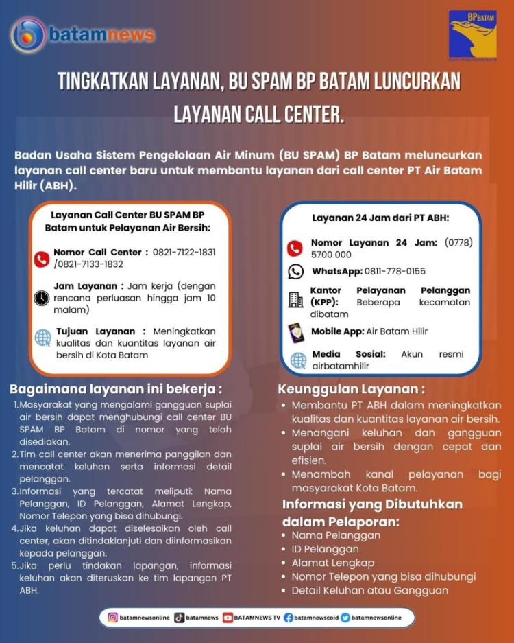 INFOGRAFIS: Tingkatkan Layanan, BU SPAM BP Batam Luncurkan Layanan Call Center