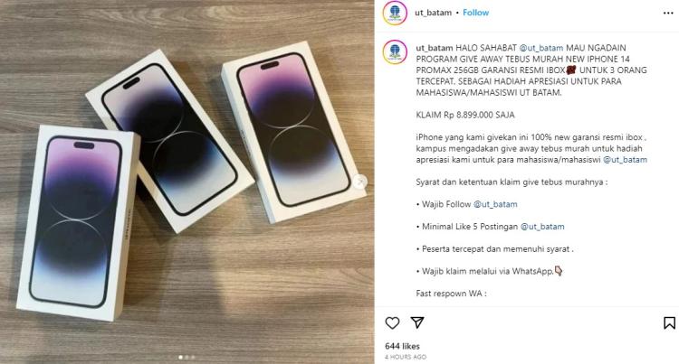 Akun Instagram UT Batam Diretas: Peringatan Terkait Giveaway Palsu