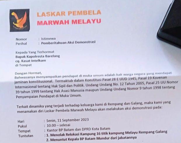 LPMM Lanjutkan Aksi Protes Terkait Relokasi Rempang di Depan Kantor BP Batam dan DPRD Hari Ini