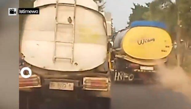 Video Aksi Berbahaya 2 Truk Tangki Zigzag di Jalan Protokol Palembang Bakal Diselidiki Polisi