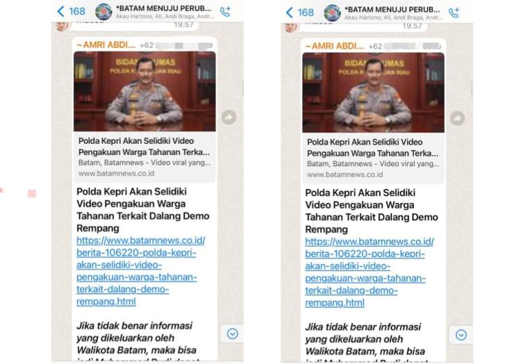 Polda Kepri Respons Soal Narasi Wako Rudi Bisa Terjerat Sebar Hoaks Gegara Video Dalang Demo Rempang