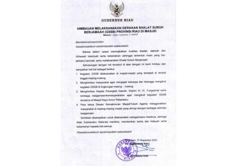 Edy Natar Nasution Luncurkan Imbauan Salat Subuh Berjamaah untuk Kebangkitan Spiritual di Riau