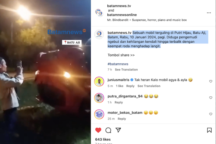 Kecelakaan Spektakuler di Putri Hijau, Batam: Mobil Minibus Terbalik Akibat Pengemudi Ngebut