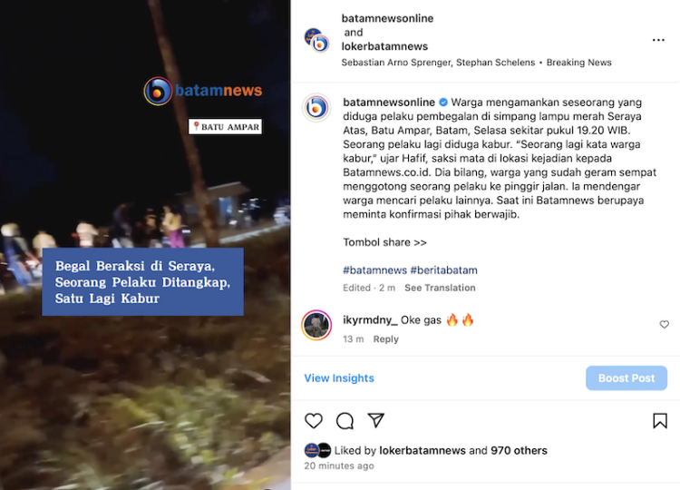 Warga Batam Geger, Diduga Begal Beraksi di Simpang Lampu Merah Seraya Atas 