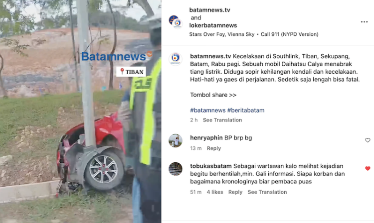Mobil Daihatsu Calya Tabrak Tiang Listrik di Tiban, Sekupang Batam