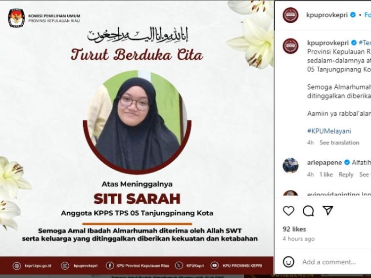 KPU Kepri Berduka Meninggalnya Siti Sarah yang Tewas dalam Kecelakaan Motor 