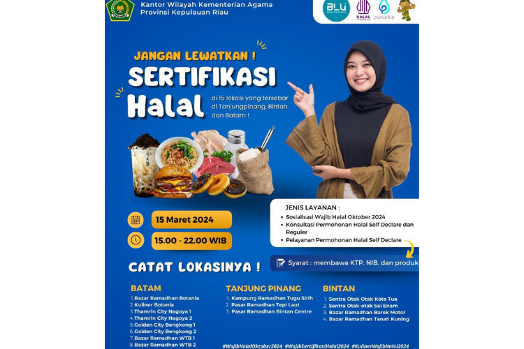 Kemenag Kepri Gelar Sertifikasi Halal Serentak di Batam, Bintan dan Tanjungpinang, Catat Tanggal dan Lokasinya!