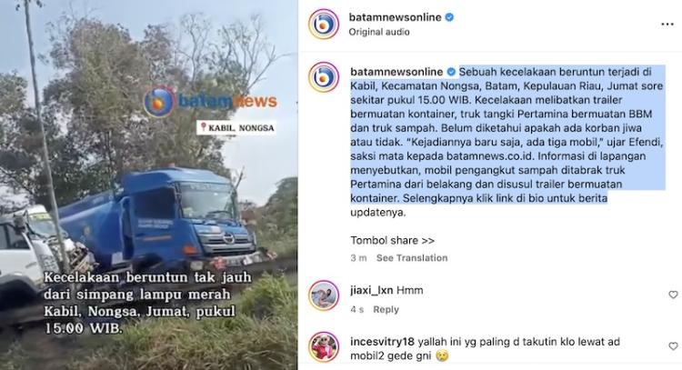 Kecelakaan Beruntun di Kabil, Batam: Trailer, Truk Pertamina dan Truk Sampah Terlibat