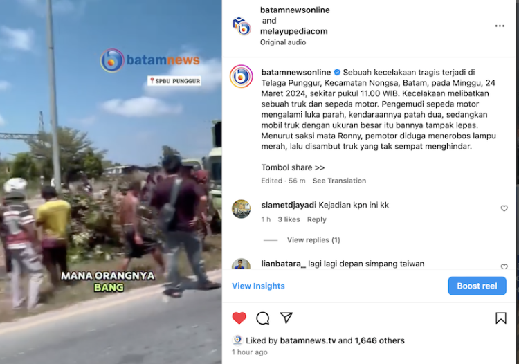 Kecelakaan Tragis di Telaga Punggur, Batam: Sepeda Motor Tabrak Truk, Pengemudi Luka Parah